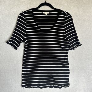 EILEEN FISHER Top XL Stretch Tencel Jersey Striped Minimalist Black White Shirt